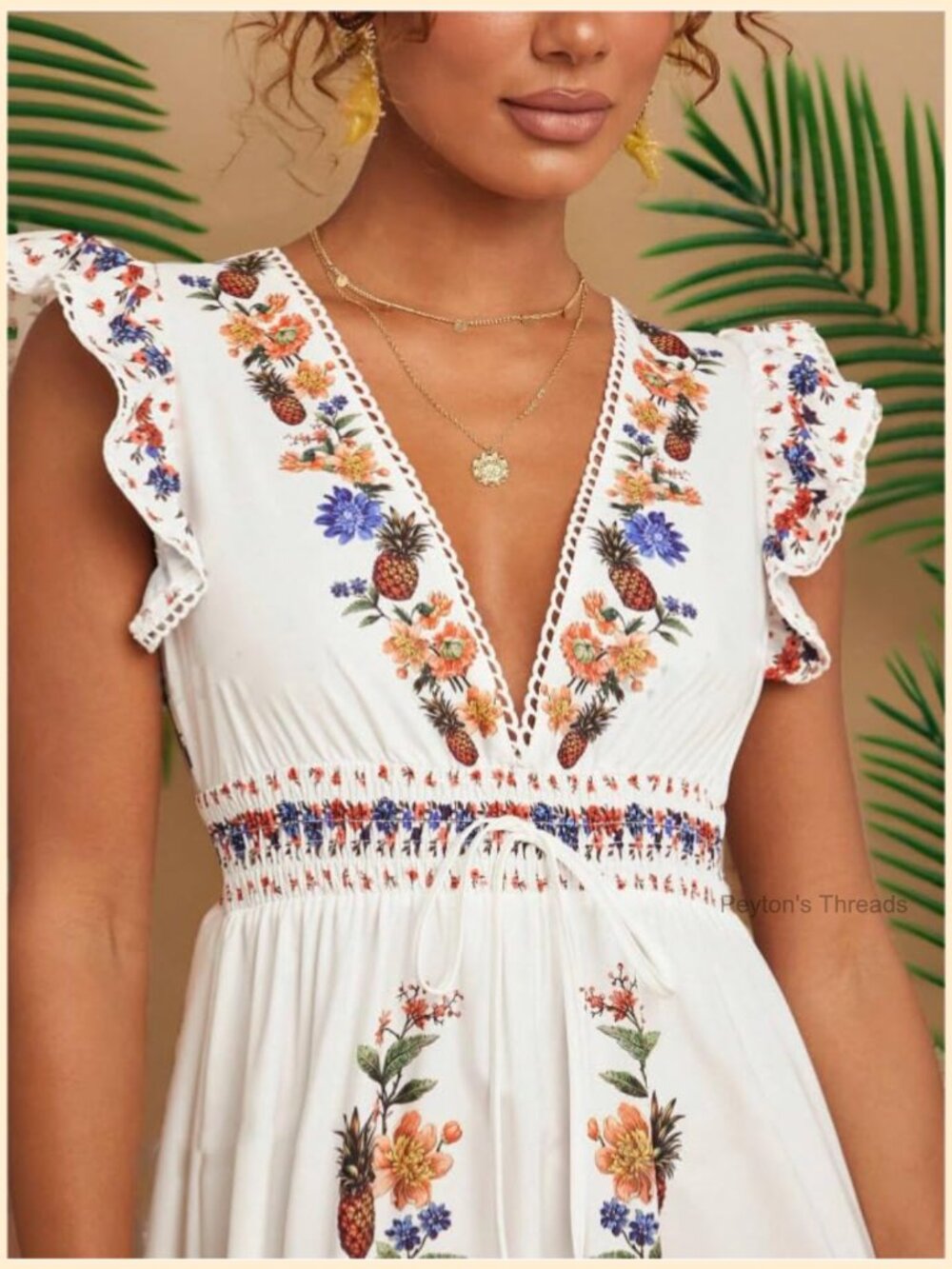 V Neck Cap Sleeve Maxi Dress Fruit Floral Print Elastic Waist Summer Casual - Picture 5 of 5